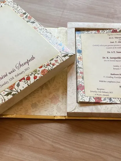 Another angle of our classic floral invitation set, showing the beautiful coordination between the box and the main insert.
