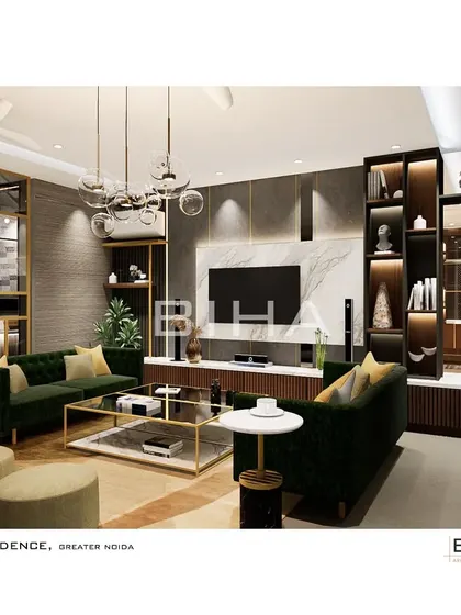 Another view of the Greater Noida living room, this time showing the custom display and storage units that flank the media wall. The dark wood and integrated lighting create a dramatic effect, perfect for showcasing decorative objects and creating a curated, gallery-like feel.