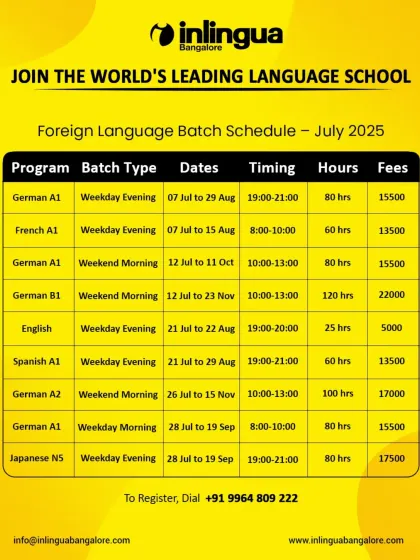 Check out our course schedule for July 2025. We offer a variety of programs including German A1, B1, A2, French A1, English, Spanish A1, and Japanese N5 to fit your summer learning goals.