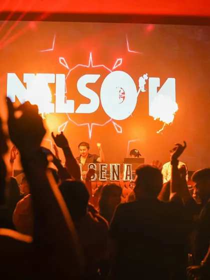 The crowd's hands are in the air as my logo lights up the screen behind me. This is the view from the dance floor during one of my high-energy sets.