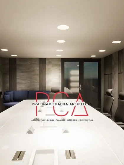 A visualization of the Narela conference room from the far end, showing the entrance and informal seating area.