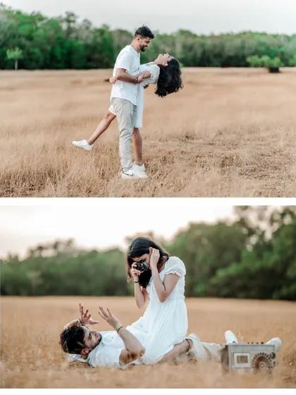 A collage of fun and candid moments, including a romantic dip and a playful shot with a camera.