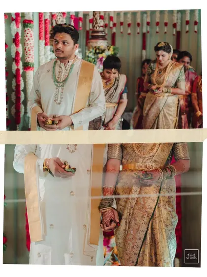 A shot of the couple standing together during the ceremony, framed by traditional elements.