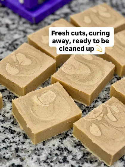 Fresh cuts of our Sandalwood soap, curing away and ready to be cleaned up. The curing process is essential for a hard, long-lasting bar.