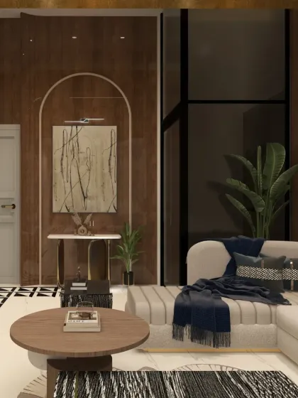 An arched entryway with a console table and abstract art creates a sophisticated nook within the larger living area of the penthouse.