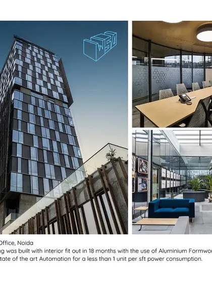 A collage of the Sleepwell Corporate Office, a G+19 floor building constructed in 18 months. The project achieved a LEED Platinum rating and features state-of-the-art automation for extremely low power consumption.