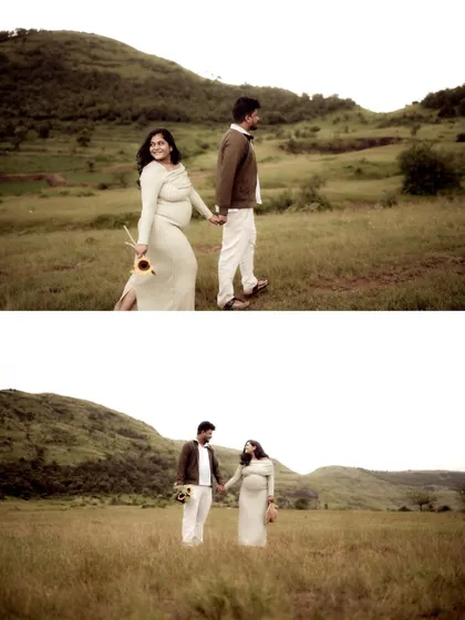 A collage showing the couple walking together in a vast field, holding hands. The wide shots emphasize the feeling of a grand adventure they are embarking on together.
