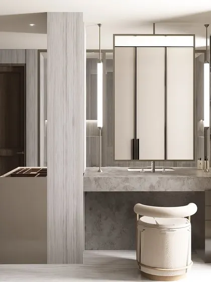 For a luxury residence, we designed a seamless open ensuite that combines the walk-in closet and bathroom. This functional layout, featuring a back-to-back dresser and washbasin, maximizes space and creates a refined, personal sanctuary.