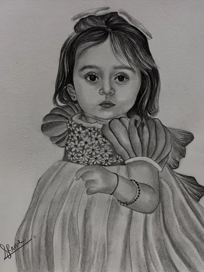 A beautiful pencil portrait of a little girl in a party dress. This custom sketch captures her sweet and serious expression, making it a timeless keepsake.