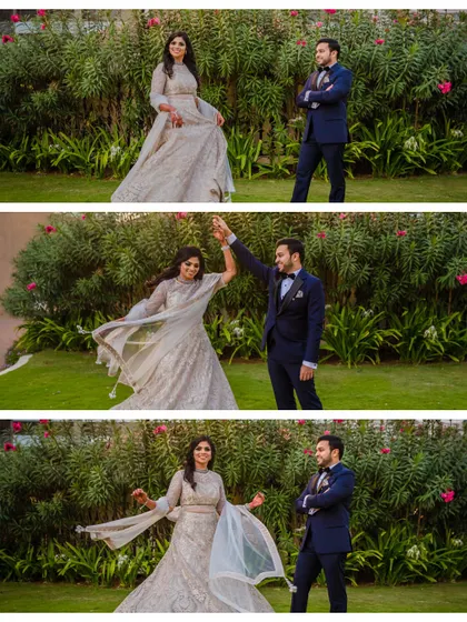 A playful sequence of the couple dancing in a garden. The bride twirls in her beautiful gown, showing the fun and lighthearted side of their relationship.