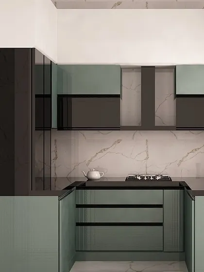 A 3D design render of a U-shaped modular kitchen. This helps clients visualize the final look, showing the mint green and black color scheme and the placement of appliances.