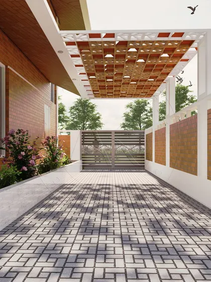 We believe in creating moments of magic. This Jaali shadow driveway uses a traditional perforated screen to cast intricate patterns of light and shadow, turning a functional driveway into a dynamic art installation that changes throughout the day.