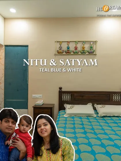 A snapshot of Nitu and Satyam's family in their new home. We used a calming palette of teal blue and white to create a fresh and serene environment for them and their little one.