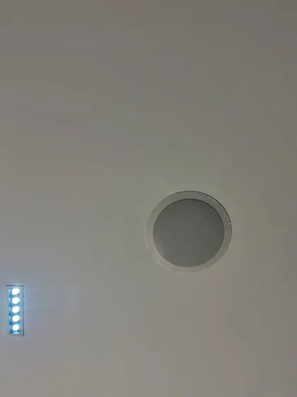 This image shows an in ceiling speaker, part of a 5.1.2 Dolby Atmos setup. In ceiling speakers are a great way to get immersive overhead sound without taking up any space in the room, creating a very clean look.