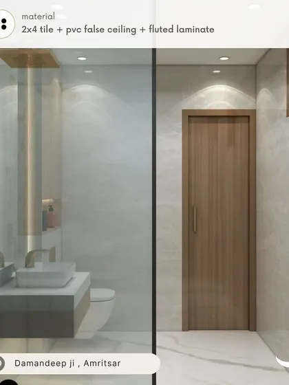A value-for-money bathroom design for Damandeep in Amritsar. This design uses 2x4 tiles, a PVC false ceiling, and a fluted laminate vanity to create a clean and modern space on a budget.
