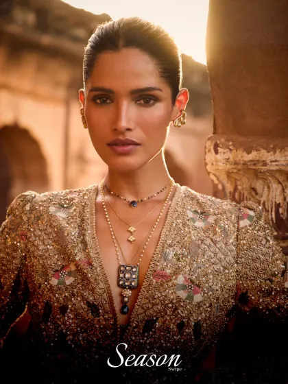 A preview of the Jayanti Reddy collection, known for its structured forms and signature detailing. This embellished jacket is a timeless statement piece, reimagined for today.