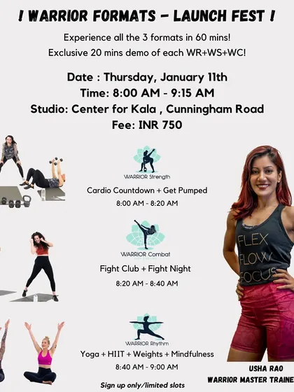 This graphic details a WARRIOR Launch Fest, where participants can try all three formats in one 60 minute session. It breaks down the components of Strength (Cardio Countdown + Get Pumped), Combat (Fight Club + Fight Night), and Rhythm (Yoga + HIIT + Weights + Mindfulness).