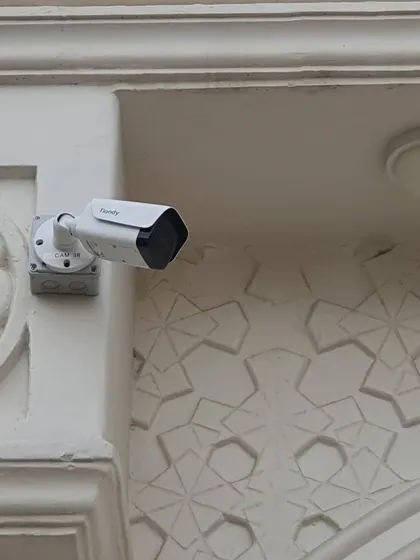 A single Tiandy camera mounted on a wall with geometric patterns. The white camera and junction box blend in well with the building's color.
