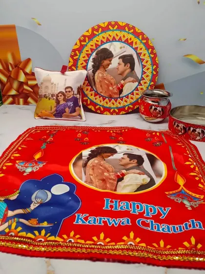 Our Karwa Chauth combo set is also available in a vibrant red theme, making the celebration even more special and personal.