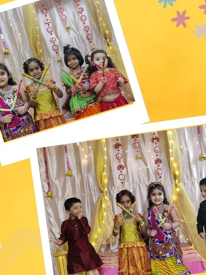A group of girls in beautiful, colorful ghagra cholis for the Dussehra celebration. They look like little stars, ready to dance the night away.