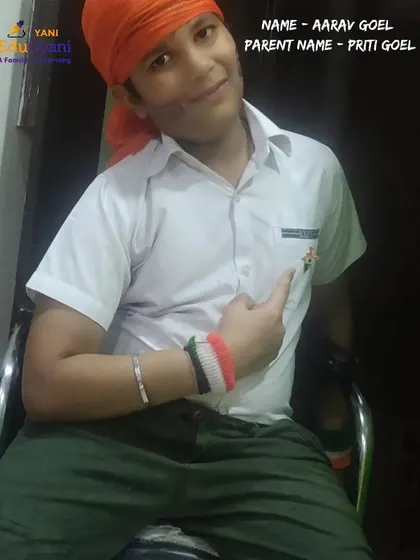 Here is Aarav Goel, another winner from our tricolor-themed fancy dress competition. It's wonderful to see students express their patriotism and creativity.