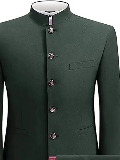 A close-up of our dark green bandhgala suit, showing the clean finish and quality of the fabric.