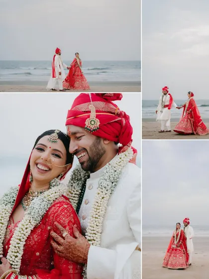 A collage of a couple's beach portraits in their red and white wedding attire, capturing their smiles and loving interactions against the backdrop of the sea.