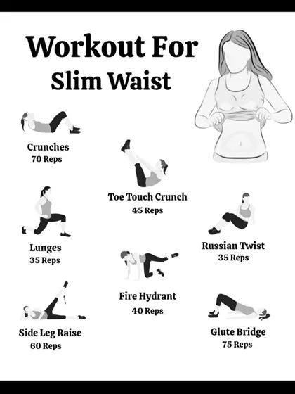 A black and white infographic showing a workout for a slim waist, including crunches, lunges, and Russian twists.