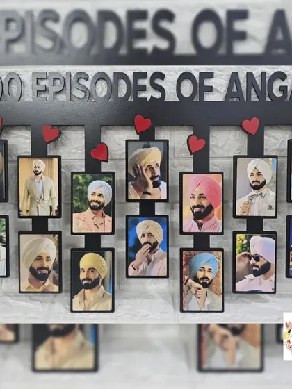 The "500 Episodes of Angad" frame, featuring multiple photos of the actor in character. The laser-cut title and heart accents make it a special commemorative piece.