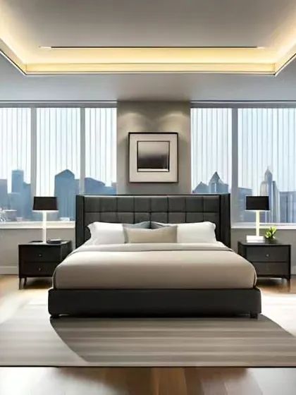 A sophisticated bedroom design perfect for a city apartment, with large windows offering a skyline view. The space includes a dedicated work desk and ample storage, blending relaxation with functionality.