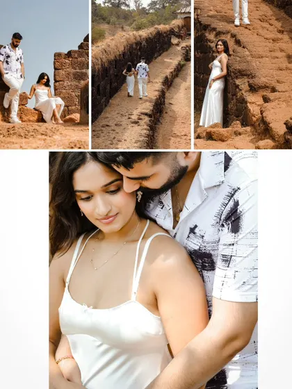A collage of moments from a pre-wedding shoot, showing both wide shots and intimate close-ups.