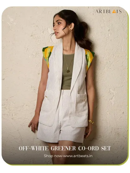 The Off-White Greener Co-ord Set, a perfect choice for the matcha girlies. The clean lines of the striped waistcoat and shorts are accented with pops of green and yellow art.