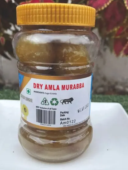 The front label of our Dry Amla Murabba jar, showing the simple ingredients: just sugar and amla. We believe in keeping our recipes pure and honest.
