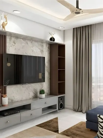 This TV unit design blends a grey console with a textured marble-look back panel and dark wood accents. The layout provides a mix of open shelving for decor and closed cabinets for clutter-free storage.