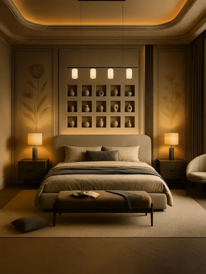 We used warm, ambient lighting and a built-in display niche to create a hotel-like feel in this bedroom. The symmetrical design and clean lines contribute to a calm and orderly atmosphere perfect for unwinding.