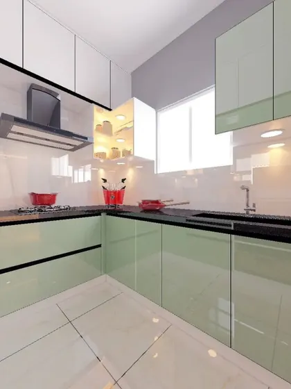 This angle of the kitchen highlights the corner storage and the ample counter space available for food preparation.