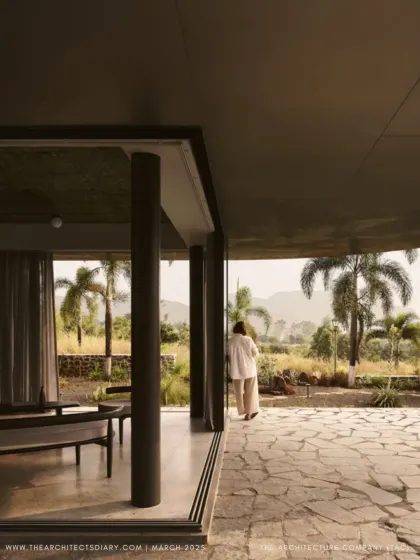 A duplicate of image 37, featured in The Architect's Diary, capturing the view from the veranda of Pavilion House out to the misty hills.