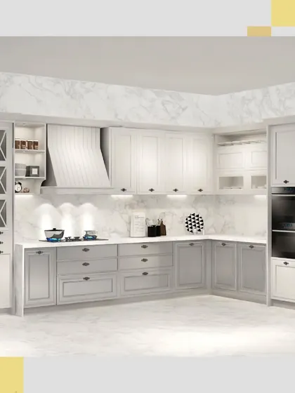 This perspective shows the L-shaped section of the kitchen, with the hob, range hood, and integrated oven unit, all in a cohesive white and grey palette.