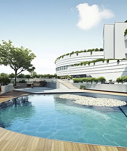 A close-up of the rooftop pool and terrace area in this conceptual scheme.