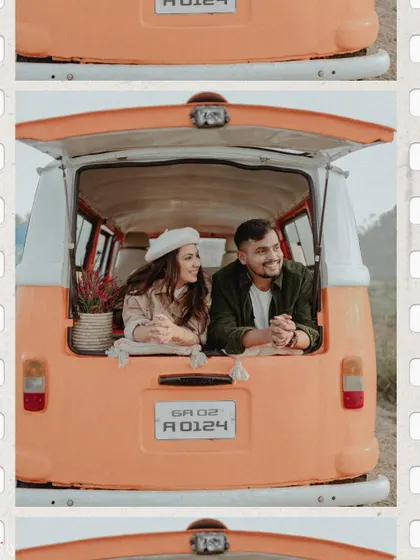 A film-strip edit of the couple looking out from the back of the van, dreaming of their future adventures.
