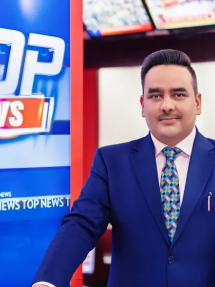 Another strong portrait for the Bharat Express launch campaign, set against the backdrop of the "Top News" studio graphic.
