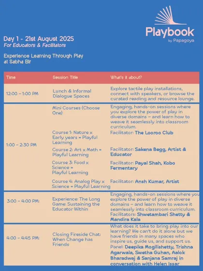 The learning continues in the afternoon of Day 1 with mini-courses on integrating nature, art, food, and science into the curriculum. The day also includes sessions on sustaining the educator and a fireside chat on how change happens when we collaborate.