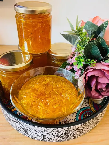 My Gujarati Chunda pickle is ready to be enjoyed. This sweet and sour grated mango pickle is a classic, perfect to pair with theplas, rotis, or just about anything. I pack it in these glass jars to keep it fresh.