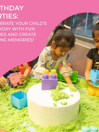 Kids engaged in a sensory play activity with kinetic sand and blocks. This is a fantastic option for birthday parties, encouraging creativity and fine motor skills.