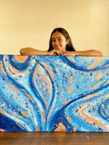 My first abstract painting of the year. This large 6 foot piece uses shades of blue and textured gold leaf to create a sense of movement and depth, like ocean waves.