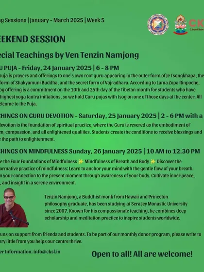 We are delighted to host special weekend teachings with visiting masters like Venerable Tenzin Namjong. His ability to blend deep scholarship with compassionate teaching inspires students worldwide.
