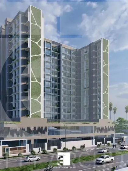A street-level perspective of the same competition project. This view highlights the building's scale and its relationship with the surrounding urban context, including the planned podium-level amenities.