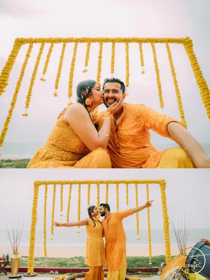 A sweet collage of the couple's moments during their beach Haldi, from a sweet kiss to celebrating the view.