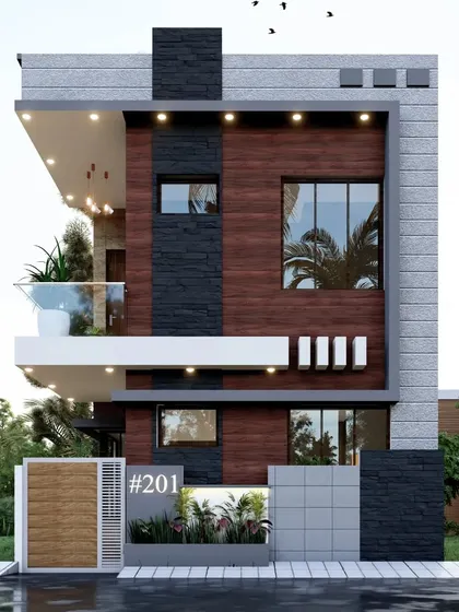 Another design option for a 20x30 west-facing plot, this time with a bolder, more contrasting look. The facade is dominated by dark wood and stone textures, with a cantilevered balcony adding a modern touch.