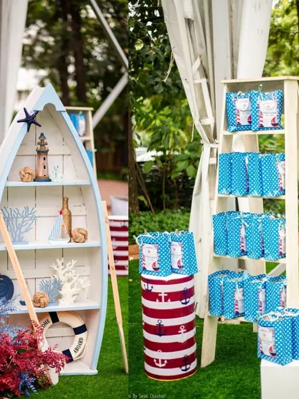 A collage of decor elements from a nautical party, including a boat-shaped shelf filled with sea-themed trinkets and a display of party favors in blue-and-white polka-dotted bags.